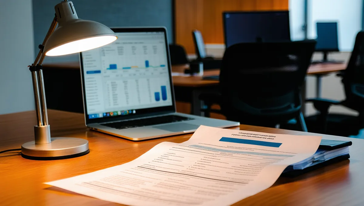 Clinical researcher reviewing protocol documents at a desk with a laptop